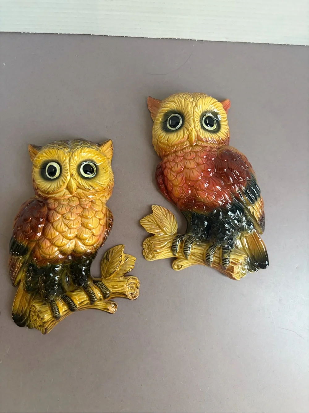Lefton Yellow and Orange Owl Wall Plaques - Pair